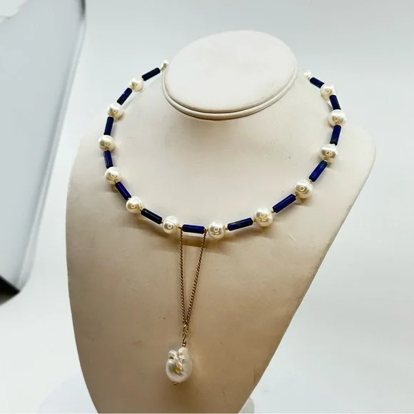 C106 New Handmade Natural Freshwater Pearl and Lapis Lazuli Choker - Picture 5 of 14